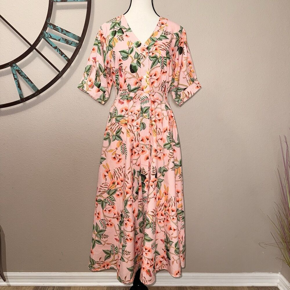 Ann Taylor LOFT Dress Size 2 NWT Peach Floral Button Front Tropical